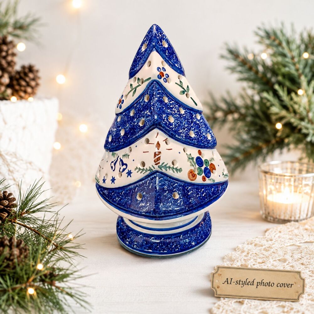 Polish Pottery Christmas Tree Luminary • Blue White Hand Painted Candle Holder